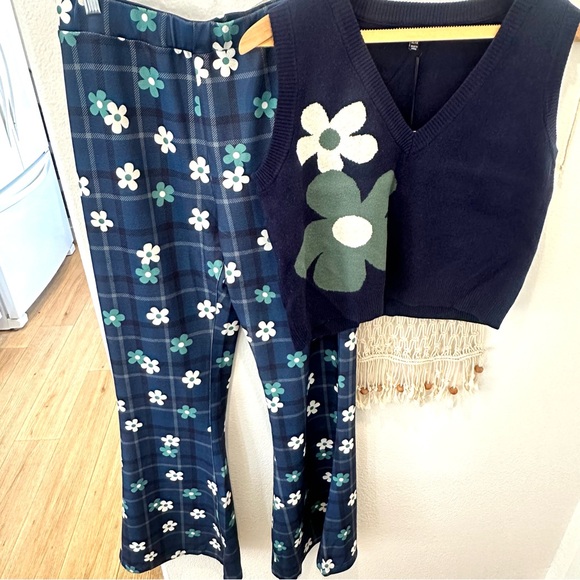 Unique Vintage Plaid Flower Power 70’s Retro Preppy Vest Flair Pants XL Set - Picture 5 of 12